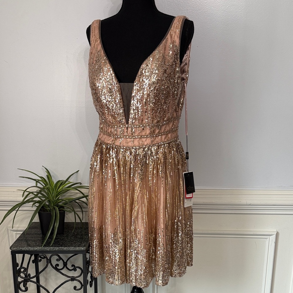 ❤️ NWT Coya Pink Hand Beaded Sequin Glitter Open Back Short Princes Gown Dress L